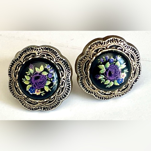 Jewelry - Vintage Floral Button Earrings Black Purple Rose Silver Tone Converted Studs EUC